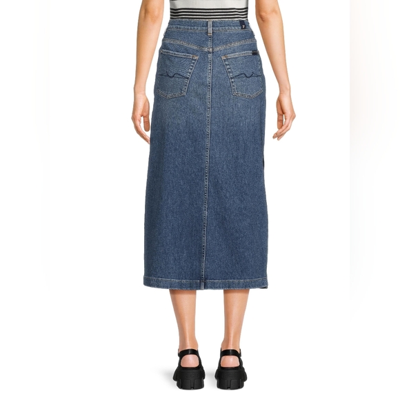 7 For All Mankind Size 24 Or 25 Whiskered Midi Blue Denim Skirt With Side Slits - Picture 3 of 14